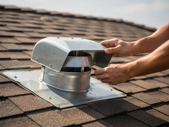 Bloomfield Dryer Vent Cleaning certified technician safely cleaning a roof-mounted dryer vent in Bloomfield